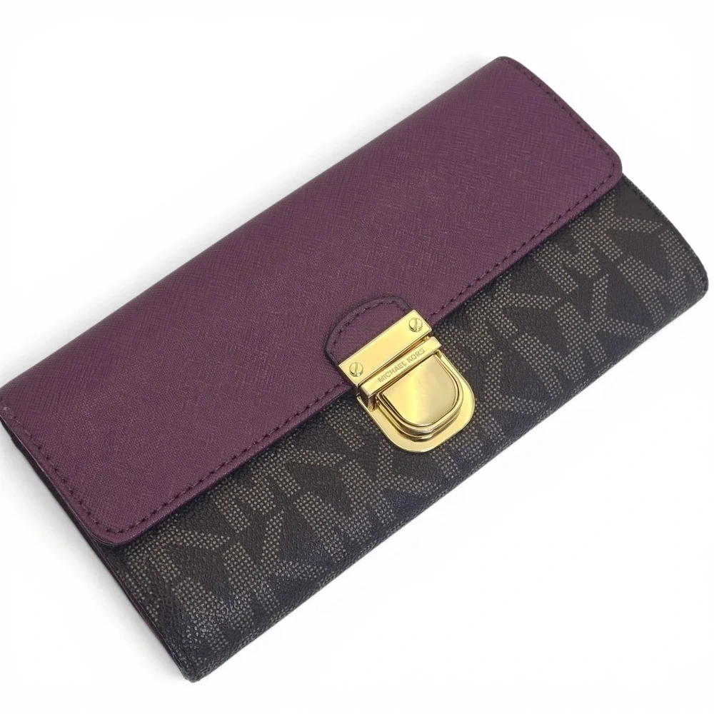 Michael Kors Bridgette Flap Wallet Brown MK‎ Logo Burgandy Eggplant Leather Lock